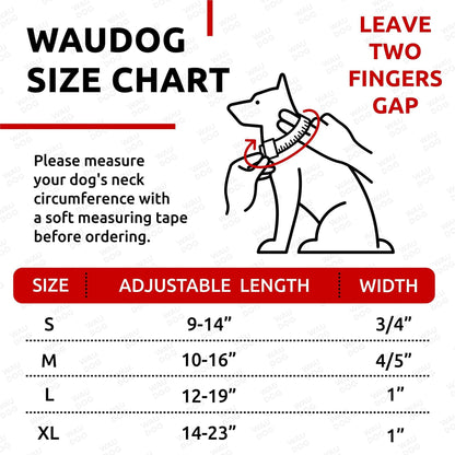 Waudog size chart showing adjustable neck lengths and widths for pink rolled leather dog collar sizing