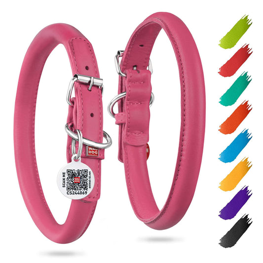 Pink rolled leather dog collar with metal buckle and D-ring for leash attachment