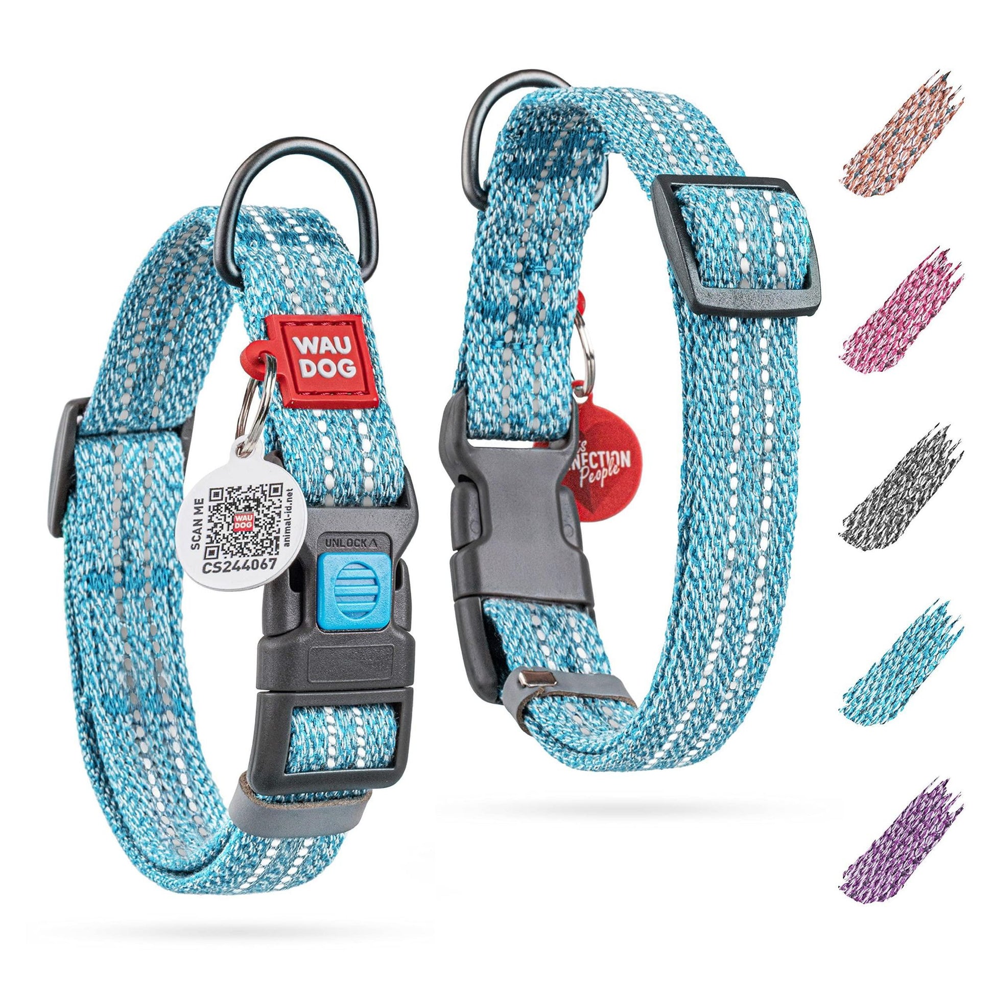 Blue reflective cotton dog collar with black buckle and metal rings for safe pet walks