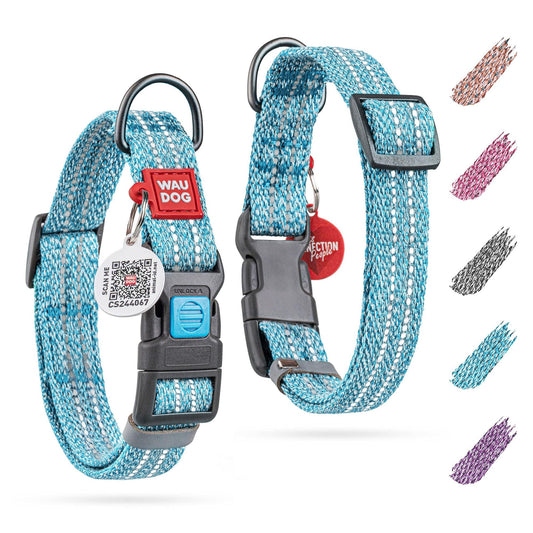 Blue reflective cotton dog collar with black buckle and metal rings for safe pet walks