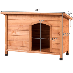 Weather resistant dog house with wooden construction and angled roof for outdoor protection