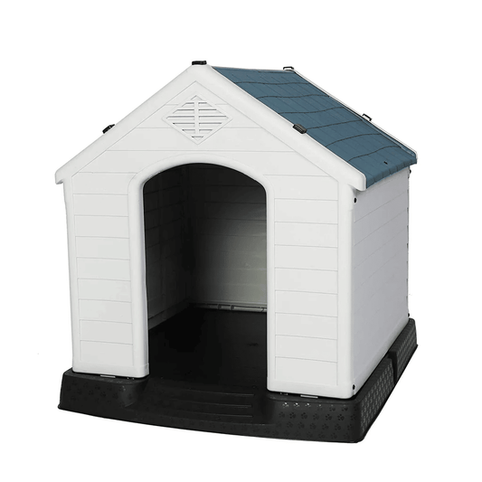 Weatherproof outdoor dog house in white with blue roof and black elevated base by PawCounter.com