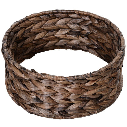 Round wicker cat bed with cushion featuring tightly woven natural brown fibers
