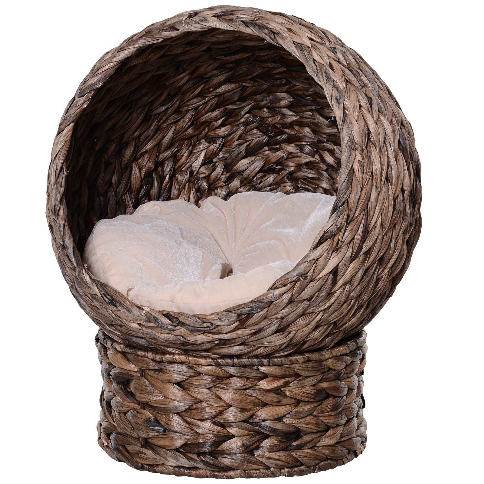 Wicker cat bed with cushion featuring a round woven design and soft beige cushion inside