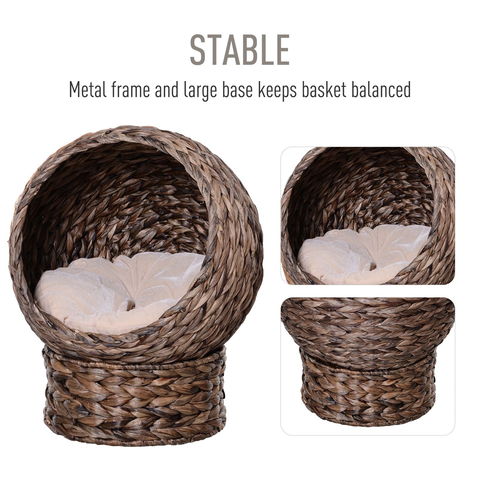 Wicker cat bed with cushion featuring a stable metal frame and large base for balanced support