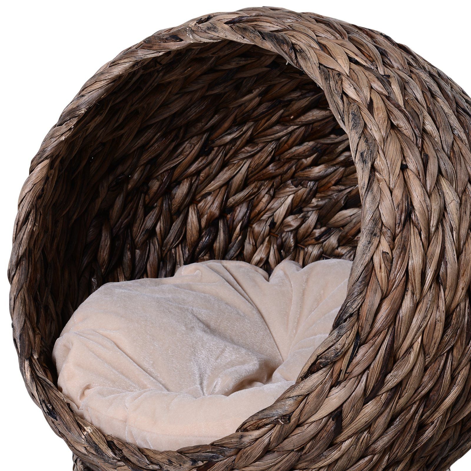 Wicker cat bed with cushion featuring a woven dome shape and soft beige interior pillow