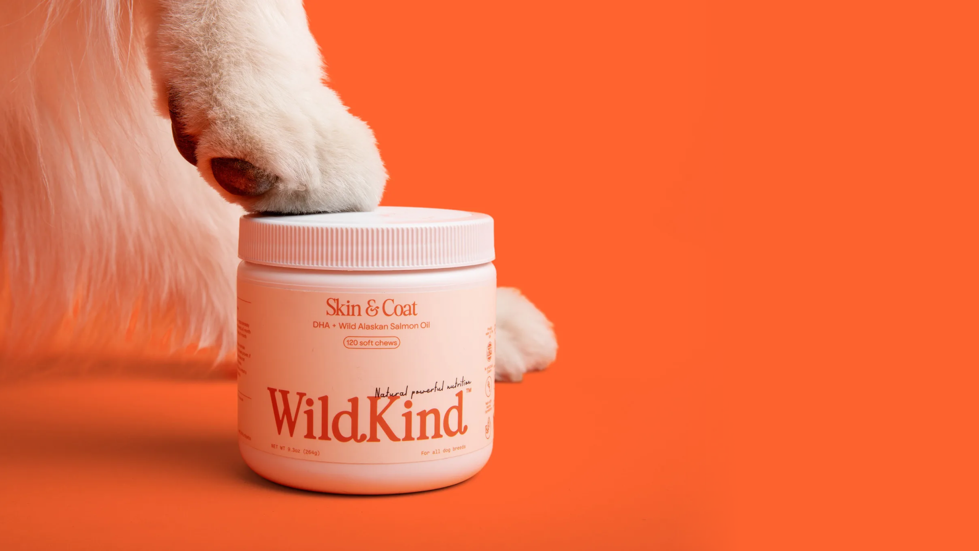 WildKind soft chew dog supplements for skin and coat health in a white container