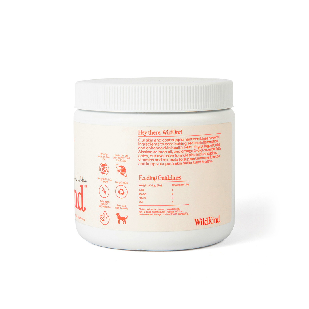 WildKind soft chew dog supplements in a white container for healthy skin and coat support