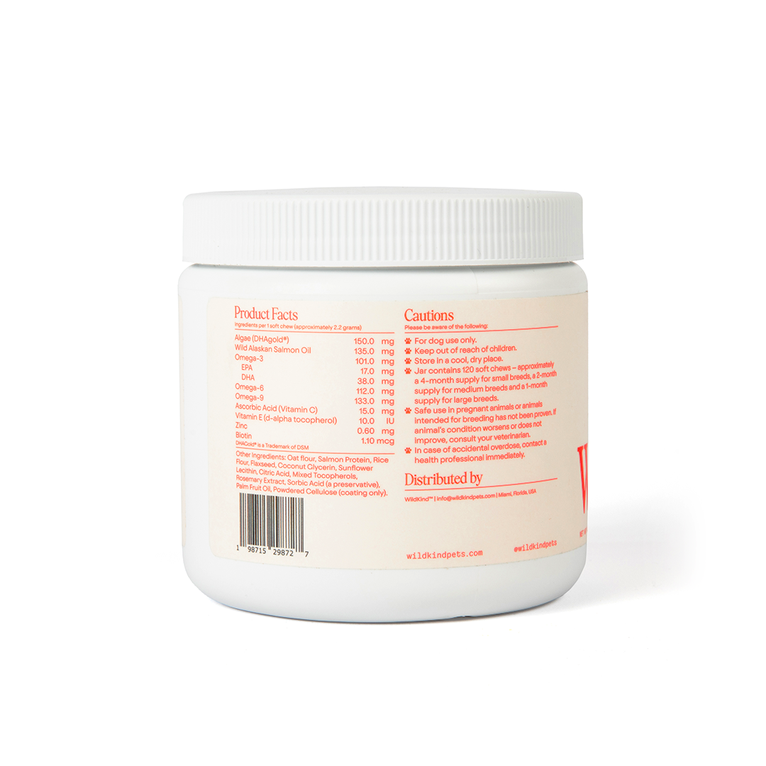 WildKind soft chew dog supplements container with product facts and cautions on the label