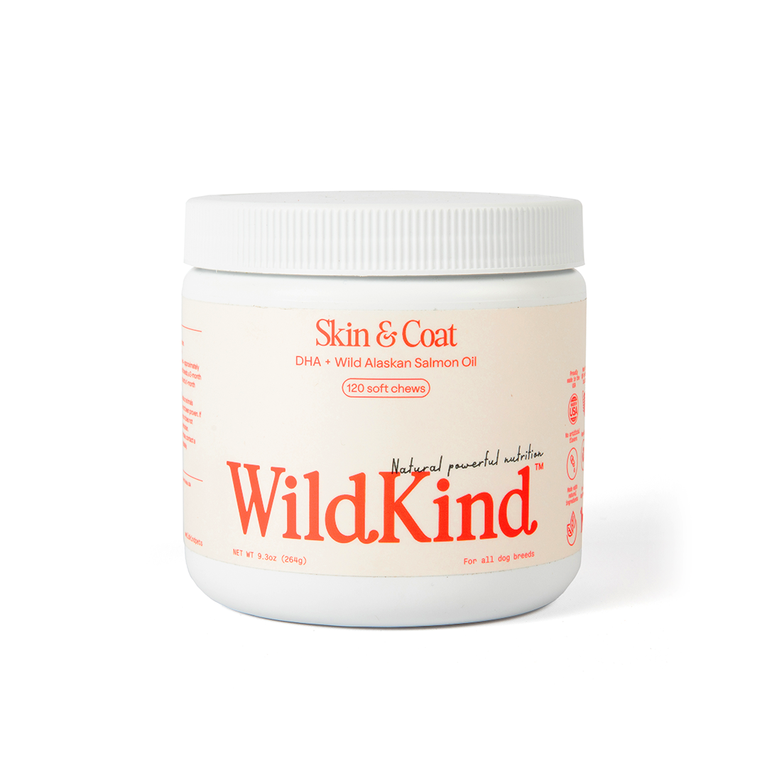 WildKind soft chew dog supplements for skin and coat with DHA and wild Alaskan salmon oil, 120 chews