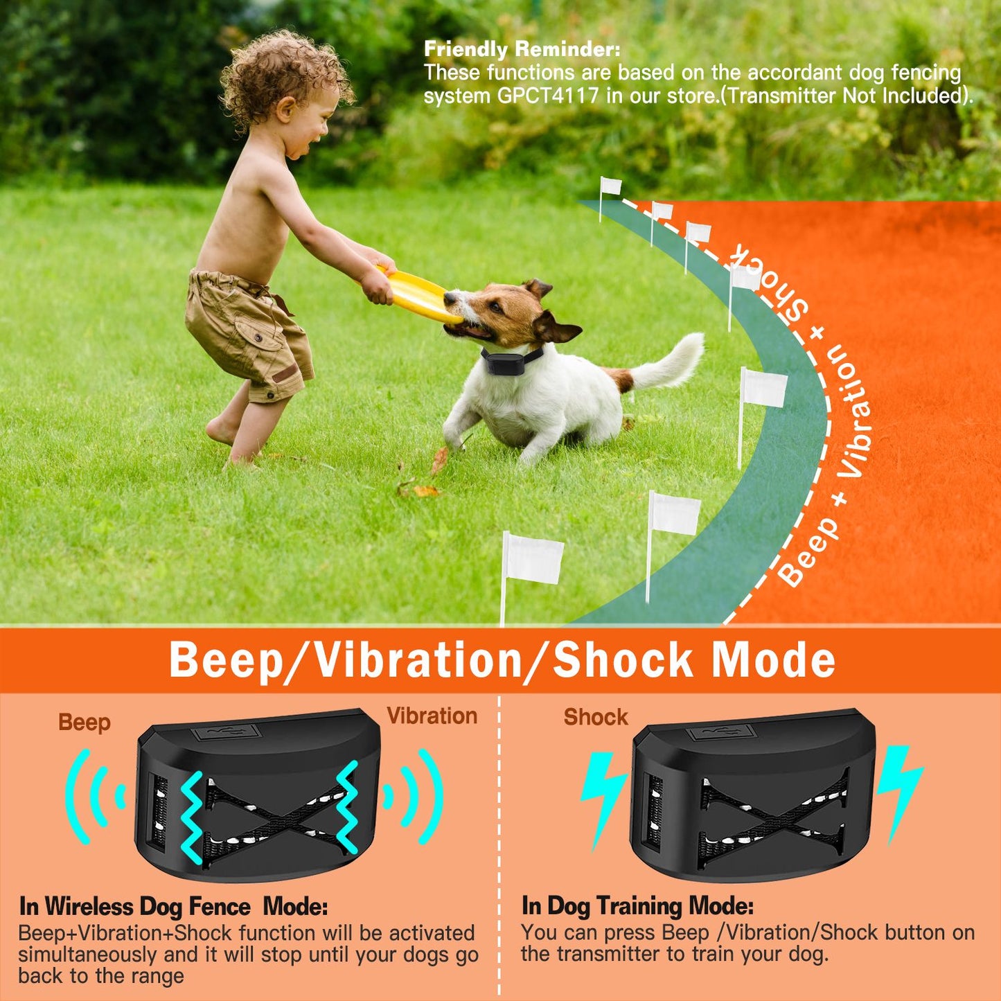 Child playing with dog near flags demonstrating wireless electric dog fence functions with beep, vibration, and shock modes