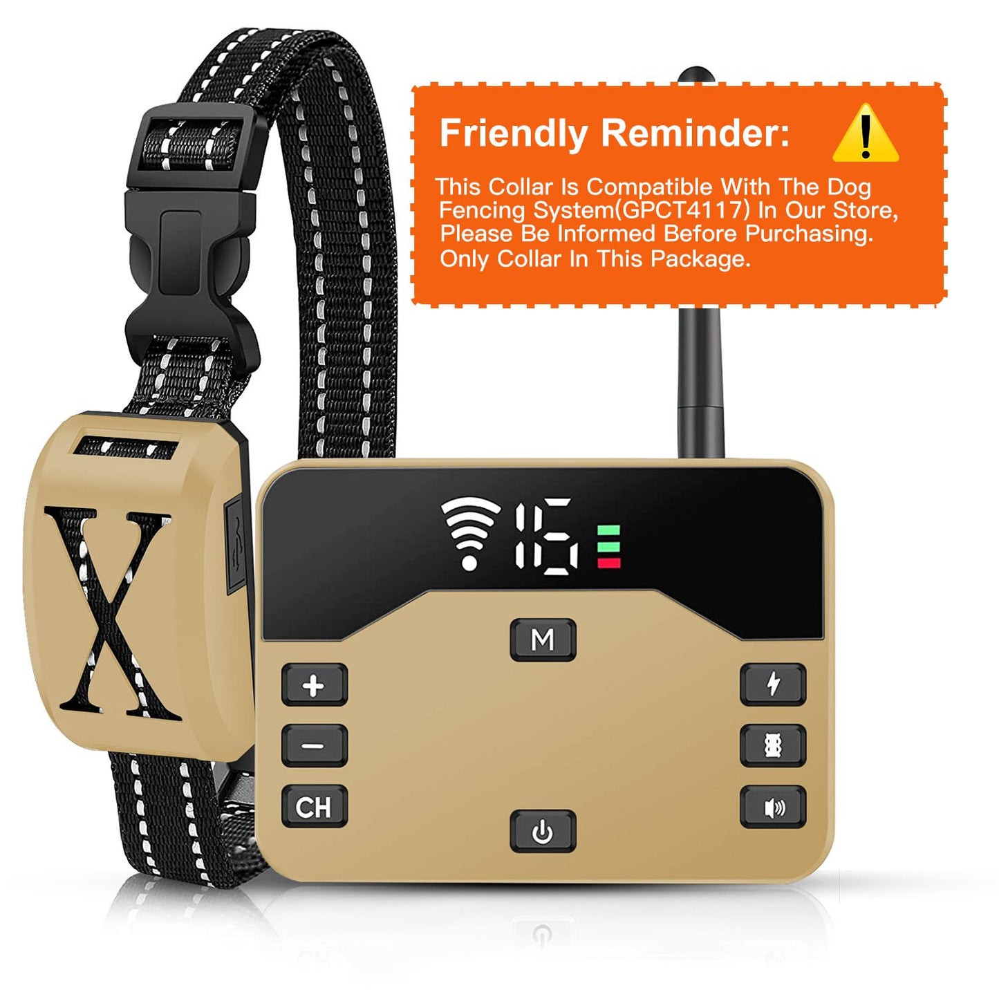 Wireless electric dog fence collar with adjustable settings and compatibility reminder for secure pet containment