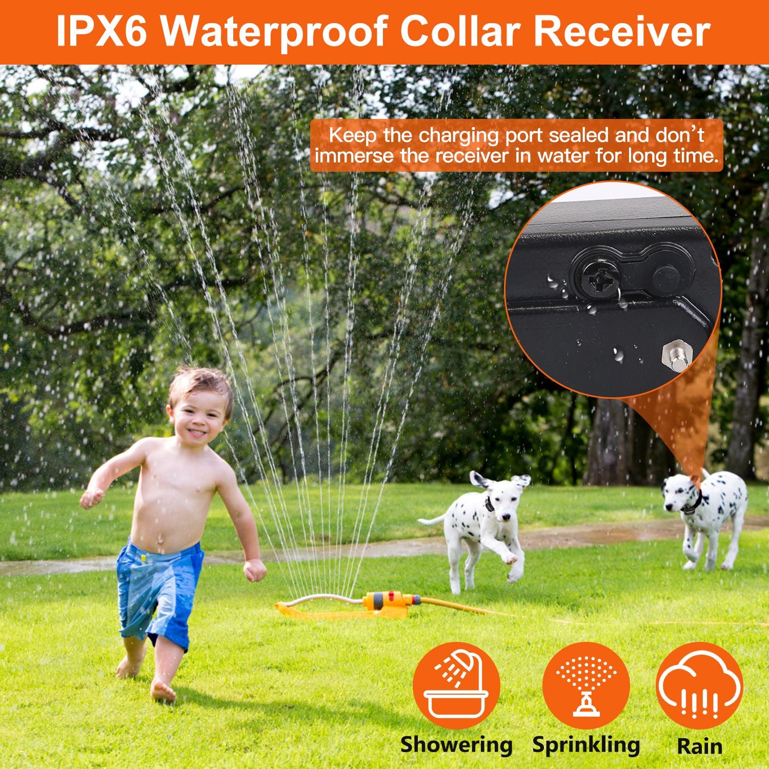 IPX6 Waterproof Collar Receiver for wireless electric dog fence with a child playing and dogs in a grassy area