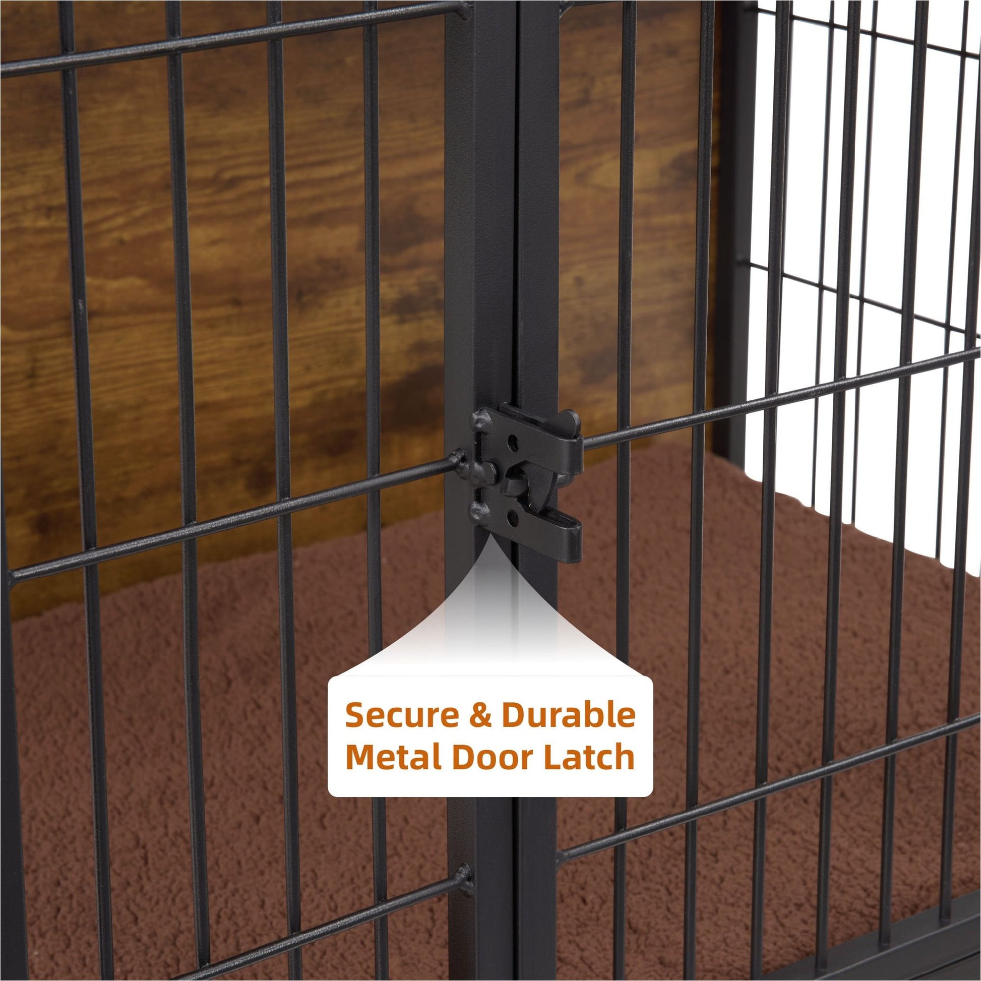 Close-up of secure and durable metal door latch on wooden dog crate furniture by PawCounter.com