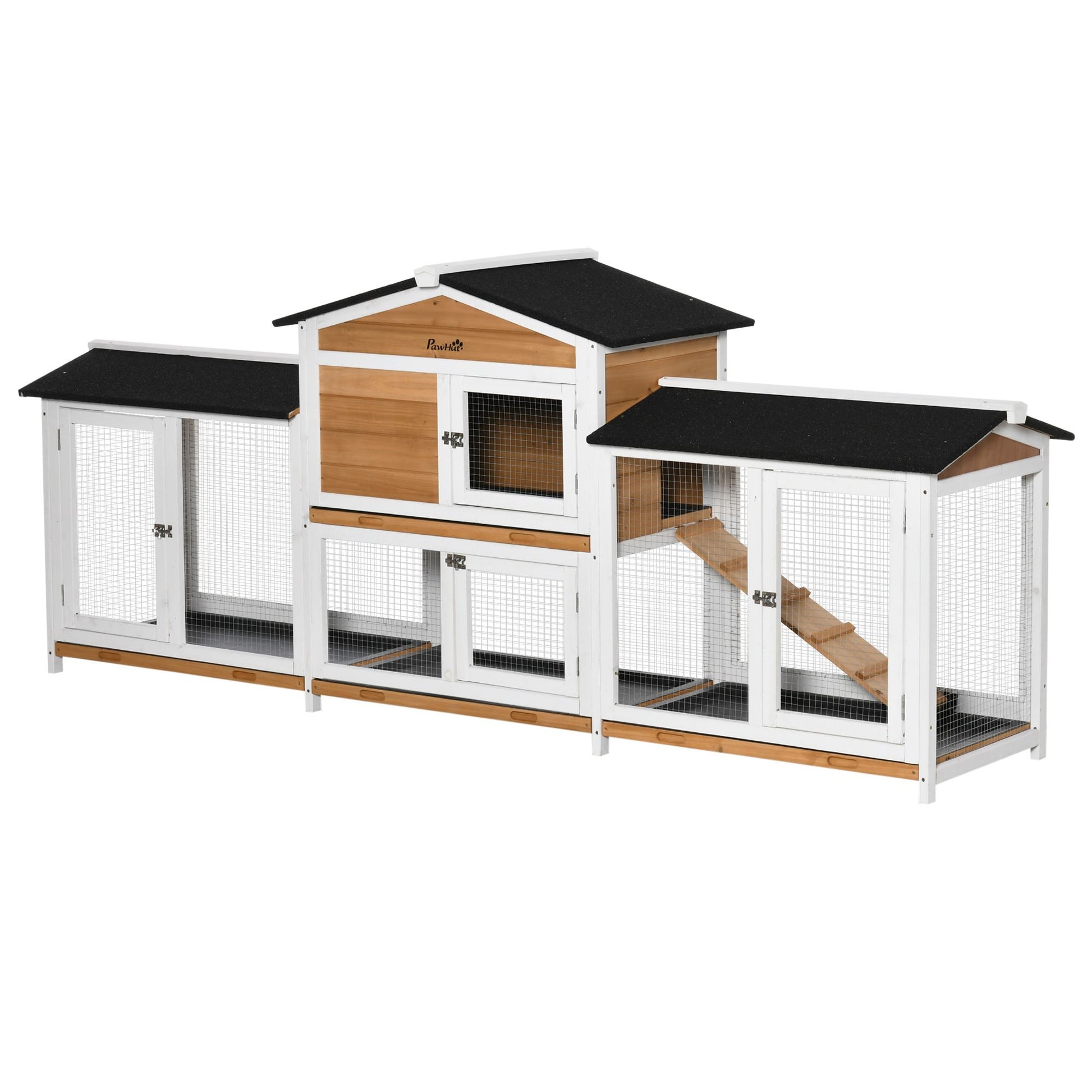 Spacious wooden rabbit hutch for small animals with multiple sections and ramps for easy access