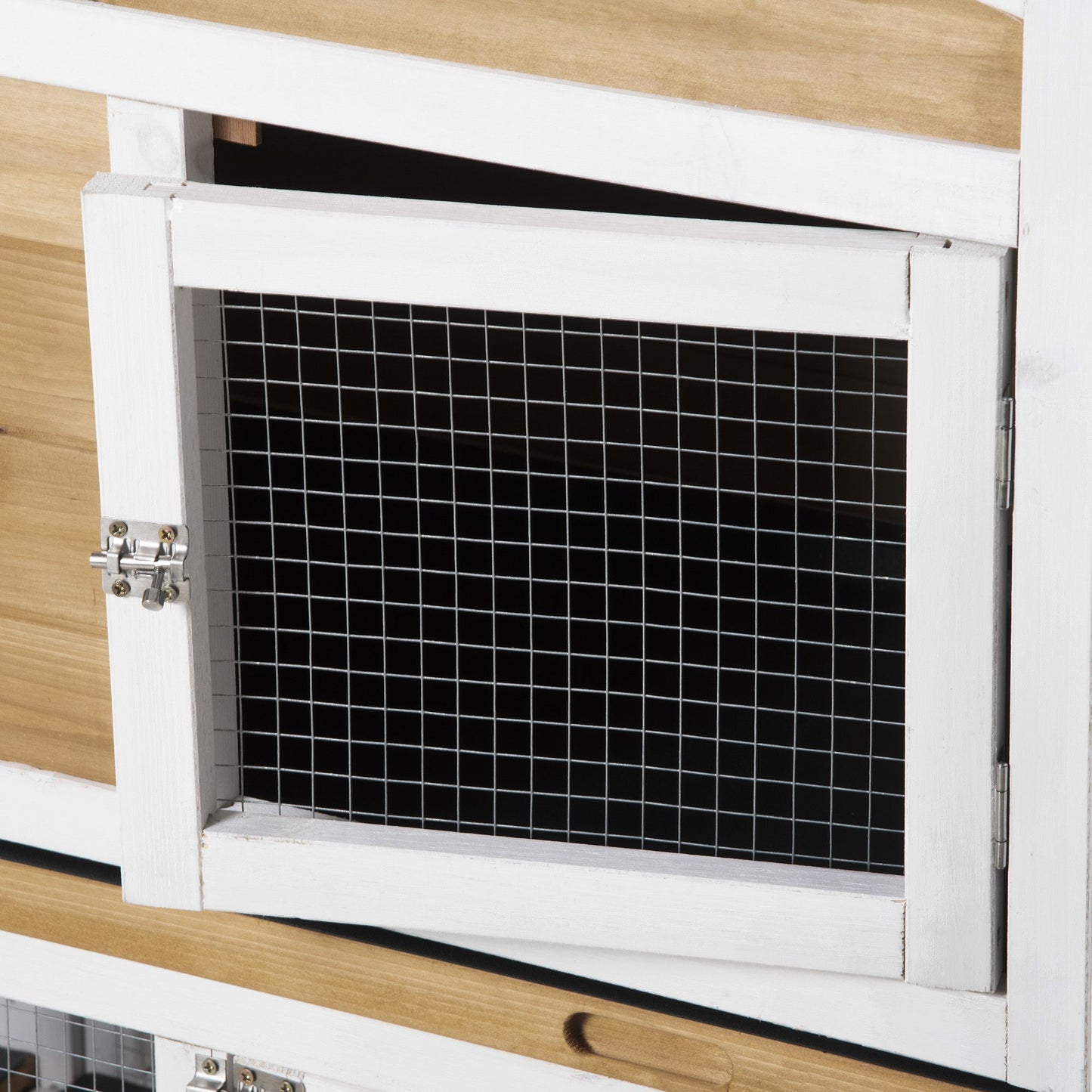 Wooden rabbit hutch for small animals featuring a sturdy construction and secure mesh door