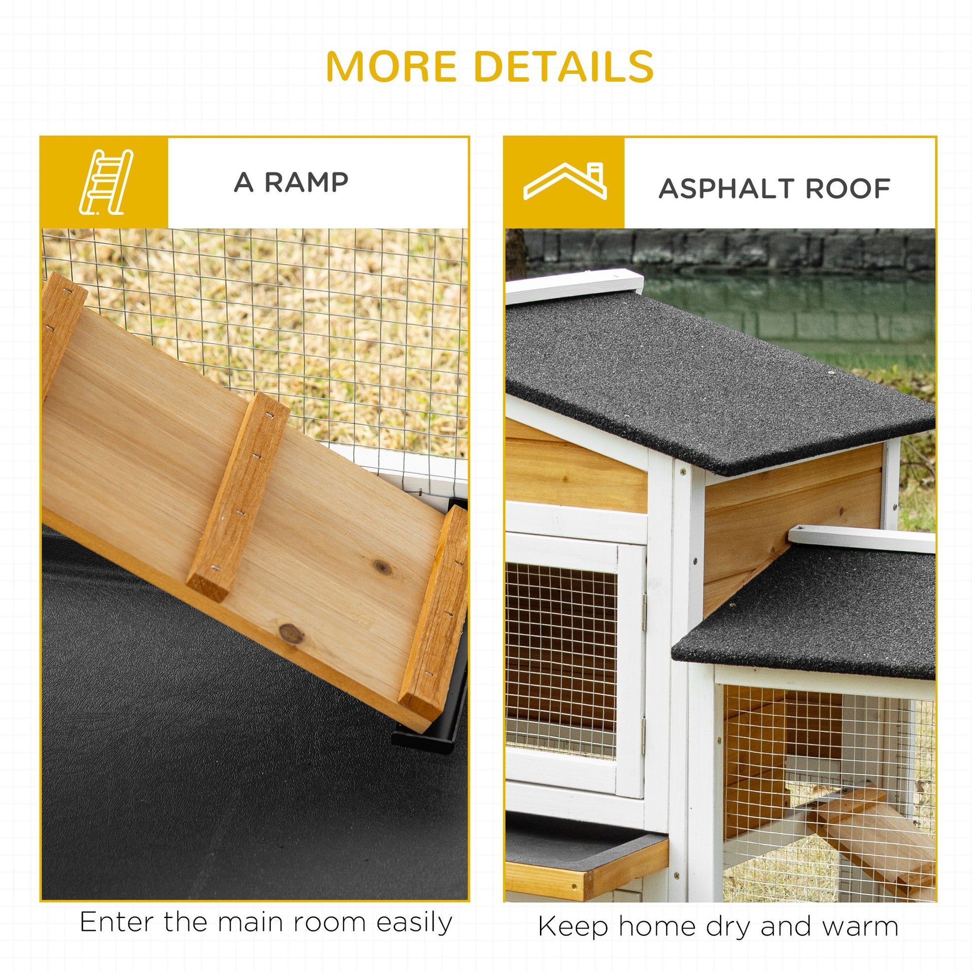 Close-up of a wooden rabbit hutch for small animals featuring a ramp and asphalt roof for protection