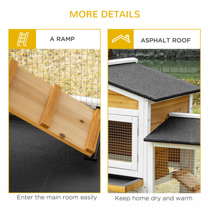 Close-up of a wooden rabbit hutch for small animals featuring a ramp and asphalt roof for protection