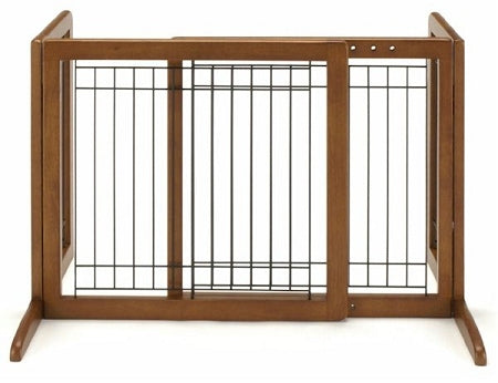 Richell tall freestanding pet gate with wooden frame and metal bars for secure pet containment